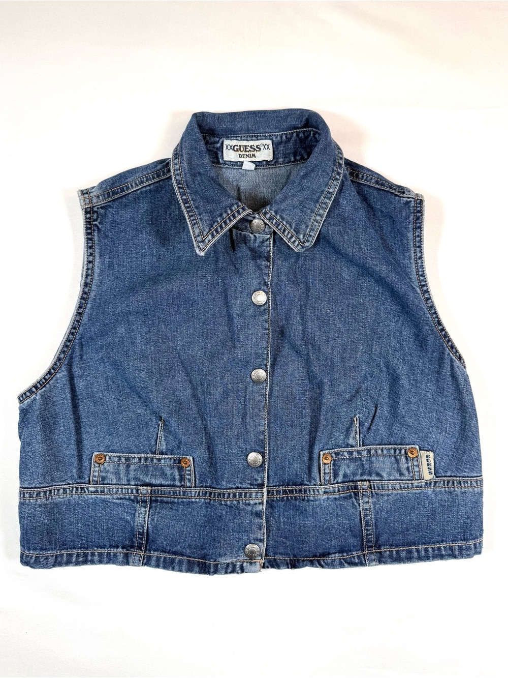 VINTAGE GUESS Y2K Crop Denim Vest Junior XL USA 90s Revival Grunge Western Retro
